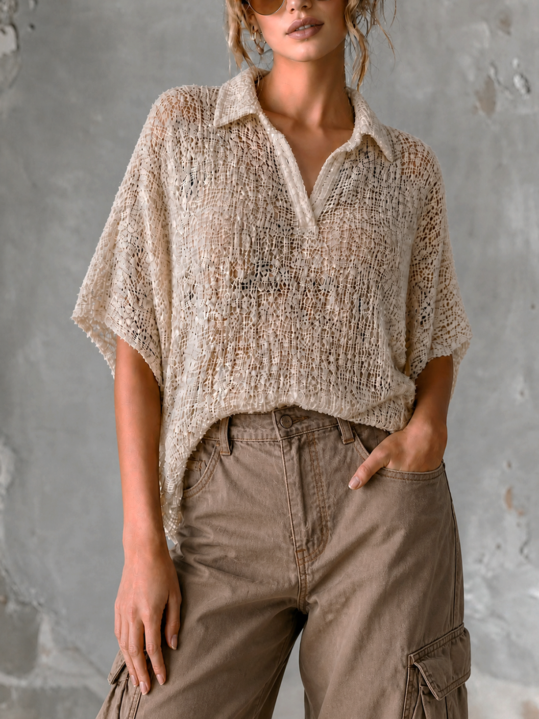 ElevenOra Chic Casual Off-White Lapel-Collar V-Neck Short Sleeve Loose-Fit Mesh Knit Sweater Top