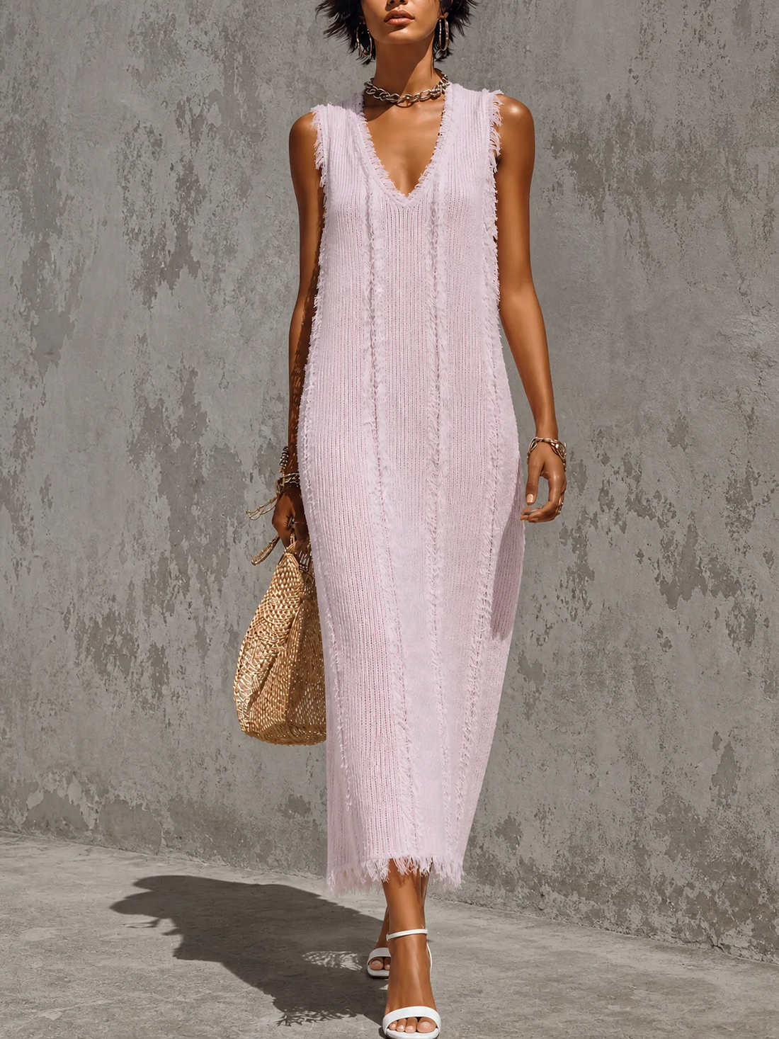 ElevenOra Chic Elegant Pink V-Neck Frayed Raw Edge Sleeveless Loose-Fit Knit Maxi Dress