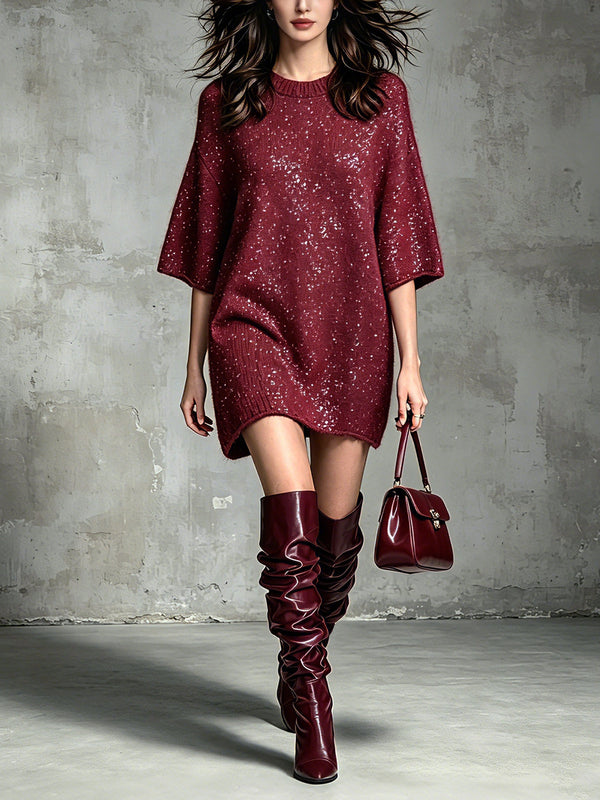 ElevenOra Chic Elegant Burgundy Cotton Blend Round-Neck Sequin Detail Half-Sleeve Loose-Fit Soft Knit Mini Dress
