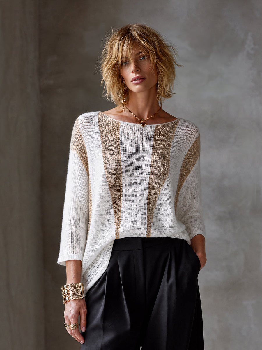 ElevenOra Chic Elegant White-Gold Colorblock Boat Neck Three-Quarter Sleeve Loose-Fit Knit Sweater Top
