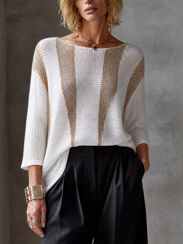 ElevenOra Chic Elegant White-Gold Colorblock Boat Neck Three-Quarter Sleeve Loose-Fit Knit Sweater Top