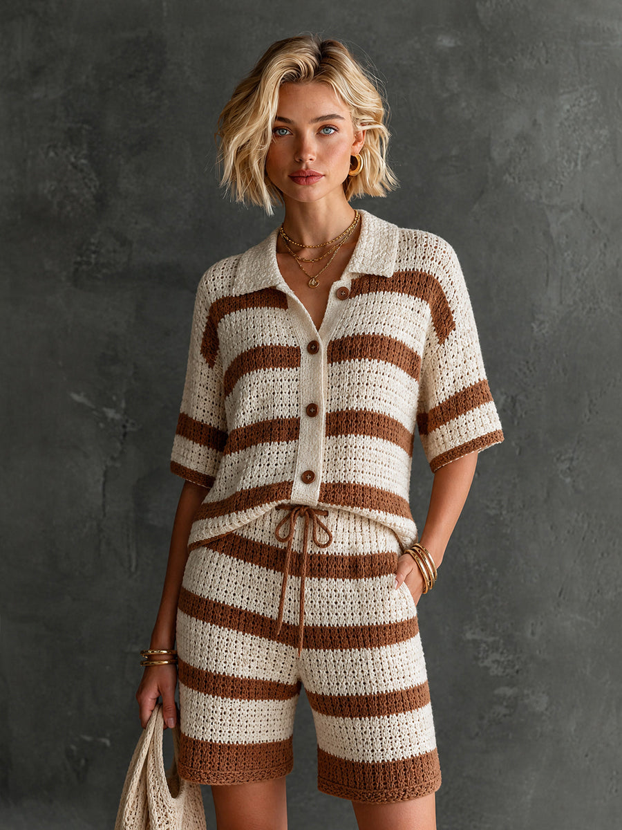 ElevenOra Chic Cream-Brown Colorblock Stripes Lapel Collar Single-Breasted Half Sleeve Loose-Fit Sweater Drawstring Detail Straight Shorts Knit Two Piece Set