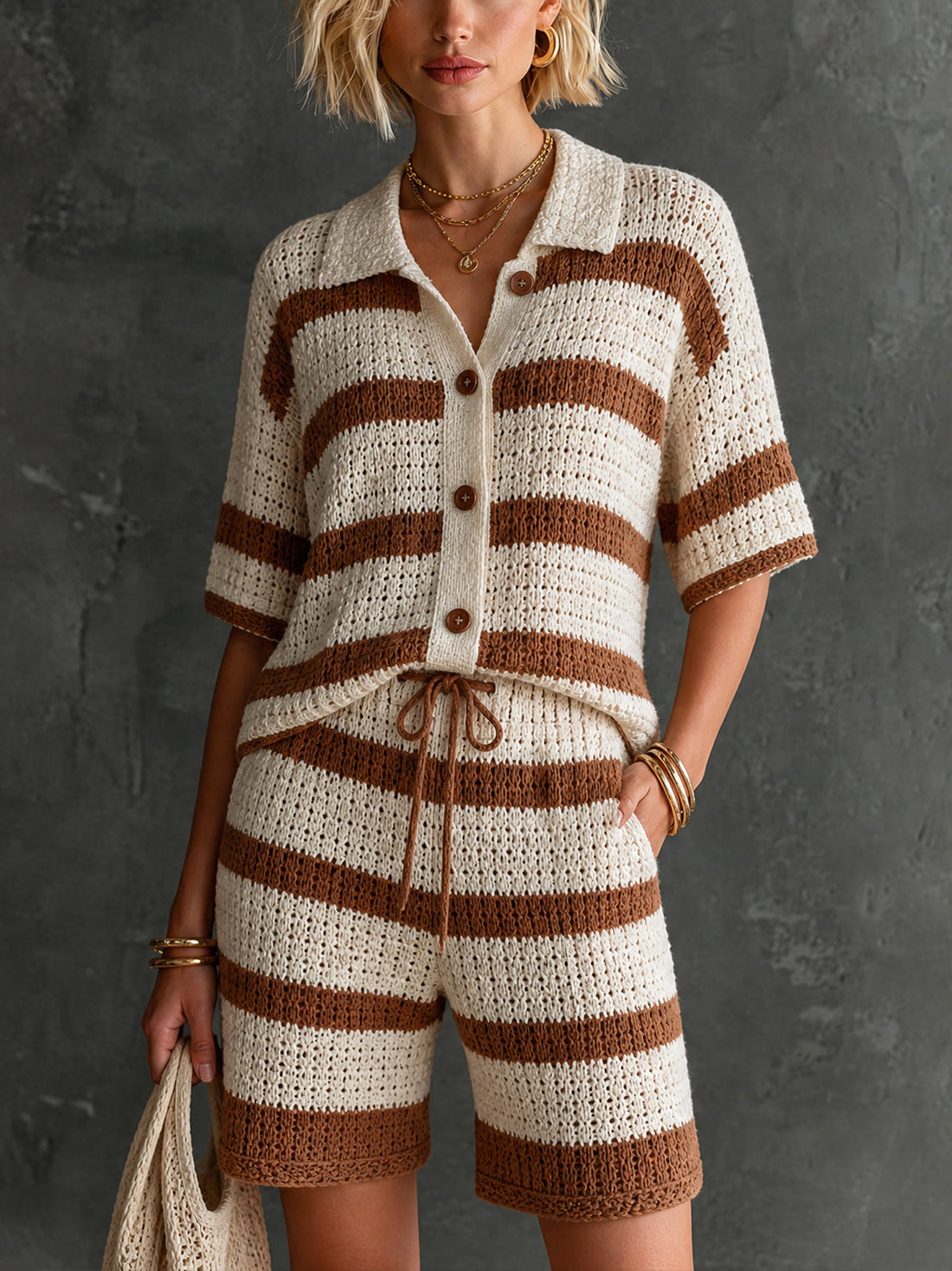 ElevenOra Chic Cream-Brown Colorblock Stripes Lapel Collar Single-Breasted Half Sleeve Loose-Fit Sweater Drawstring Detail Straight Shorts Knit Two Piece Set