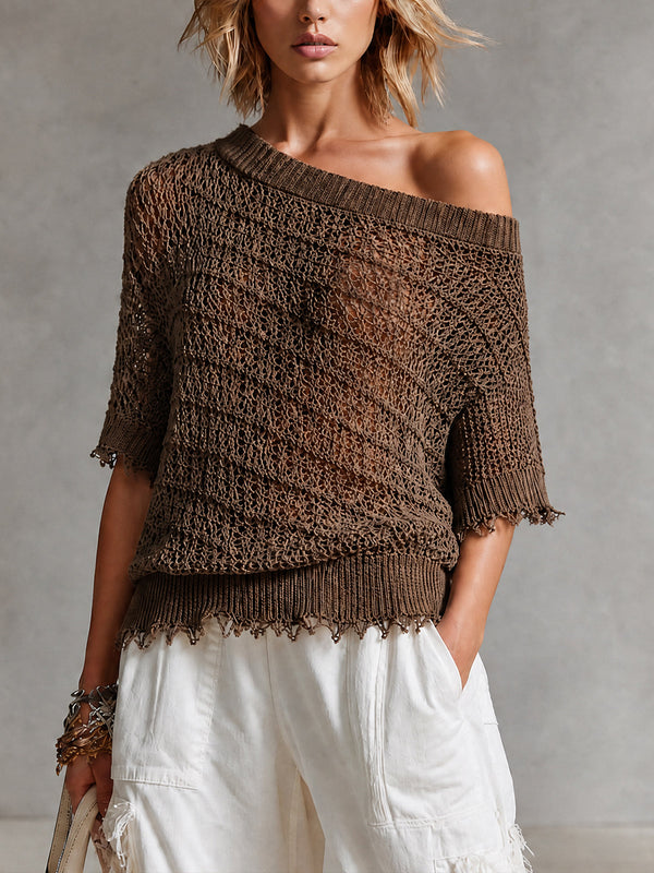 ElevenOra Chic Brown Off-Shoulder Frayed Edge Detail Half Sleeve Loose-Fit Mesh Knit Sweater Top