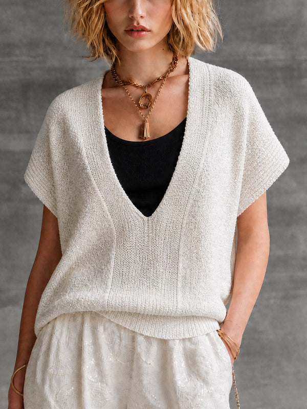ElevenOra Chic Casual Off-White V-Neck Batwing Half Sleeve Loose-Fit Knit Sweater Top