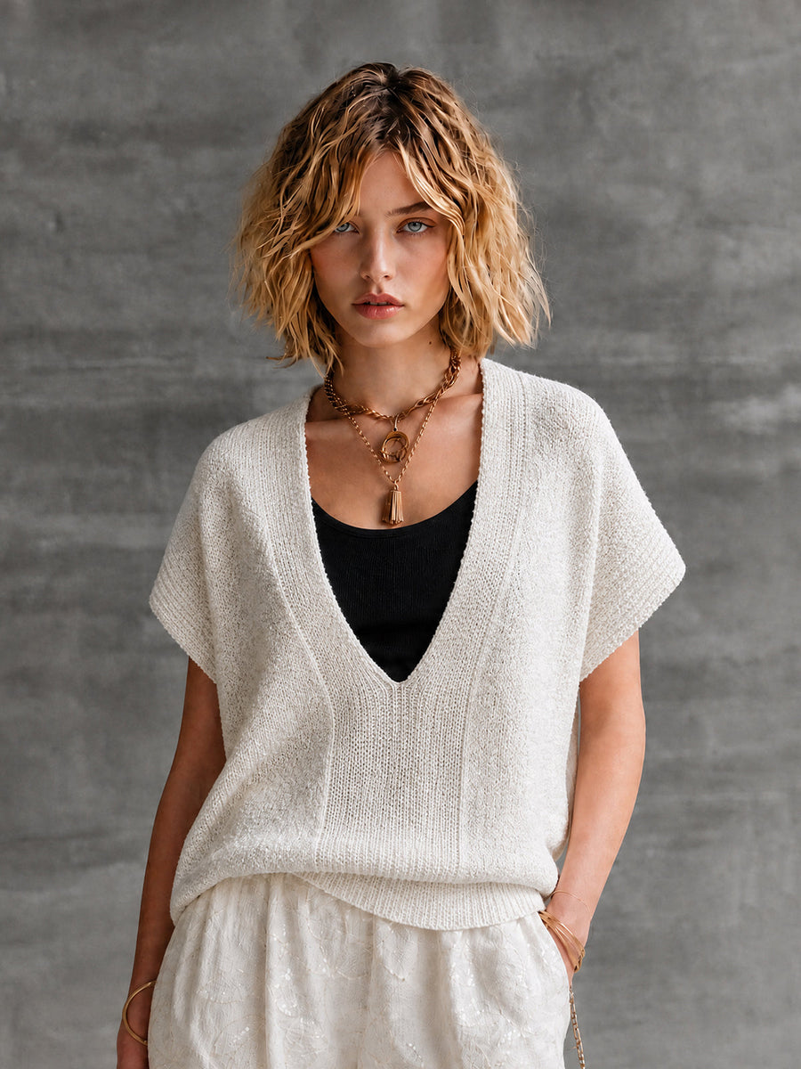 ElevenOra Chic Casual Off-White V-Neck Batwing Half Sleeve Loose-Fit Knit Sweater Top