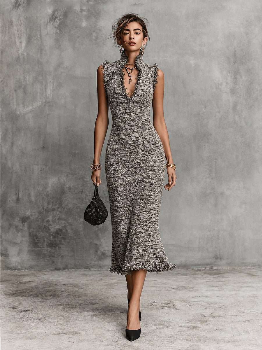 ElevenOra Chic Marled Grey Stand Collar V-Neck Tassel Detail Sleeveless Slim-Fit Knit Midi Dress