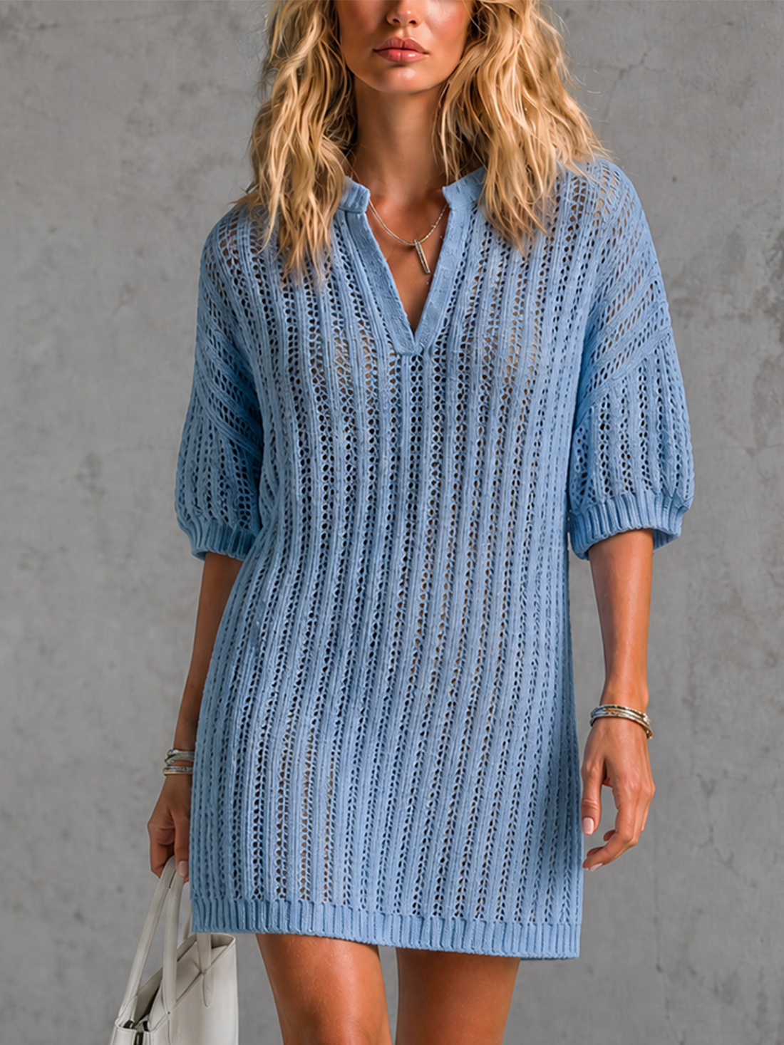ElevenOra Chic Elegant Blue Stand Collar V Neck Hollow-Out Half-Sleeve Loose-Fit Knit Mini Dress
