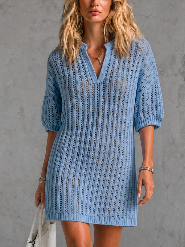 ElevenOra Chic Elegant Blue Stand Collar V Neck Hollow-Out Half-Sleeve Loose-Fit Knit Mini Dress