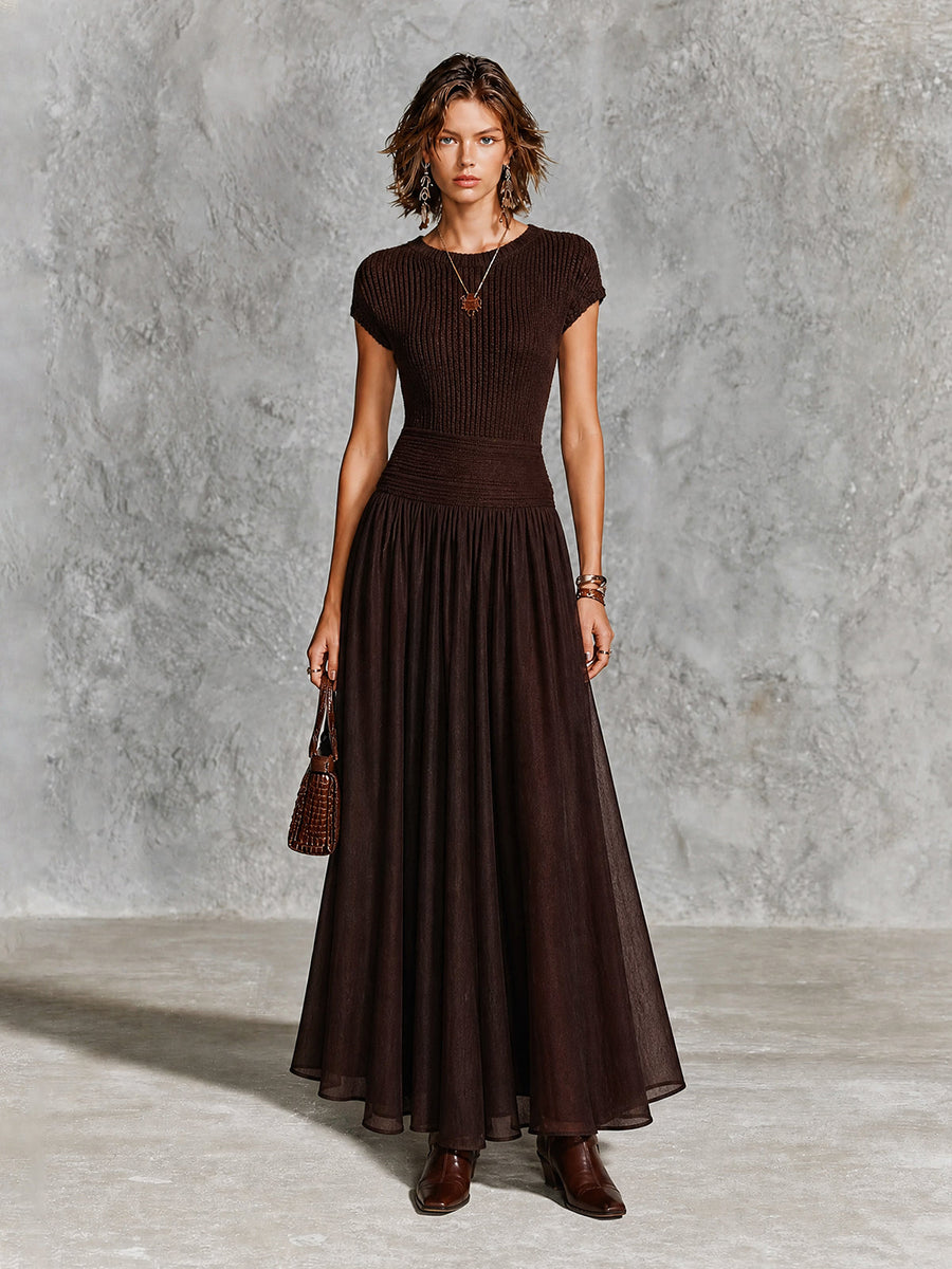 ElevenOra Chic Dark Brown Round Neck Cap Sleeve Patchwork Chiffon A-Line Slim-Fit Rib Knit Maxi Dress