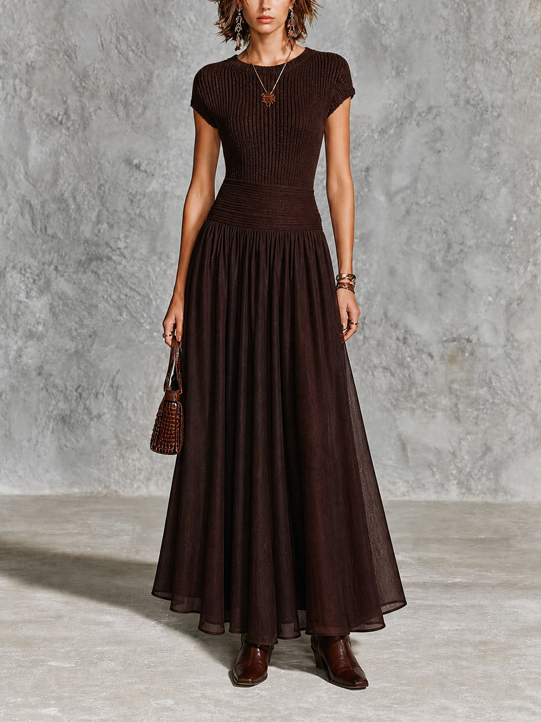 ElevenOra Chic Dark Brown Round Neck Cap Sleeve Patchwork Chiffon A-Line Slim-Fit Rib Knit Maxi Dress