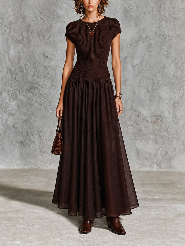 ElevenOra Chic Dark Brown Round Neck Cap Sleeve Patchwork Chiffon A-Line Slim-Fit Rib Knit Maxi Dress