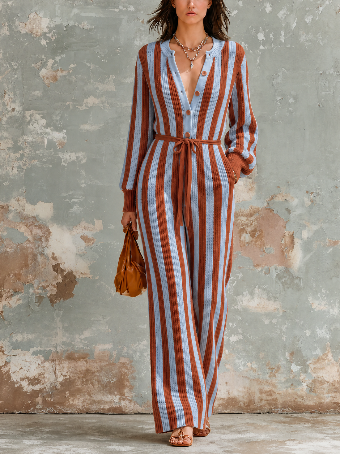 ElevenOra Chic Elegant Blue-Rust Stripes Button Front Long Sleeve Tie Waist Loose-Fit Knit Wide-Leg Jumpsuit