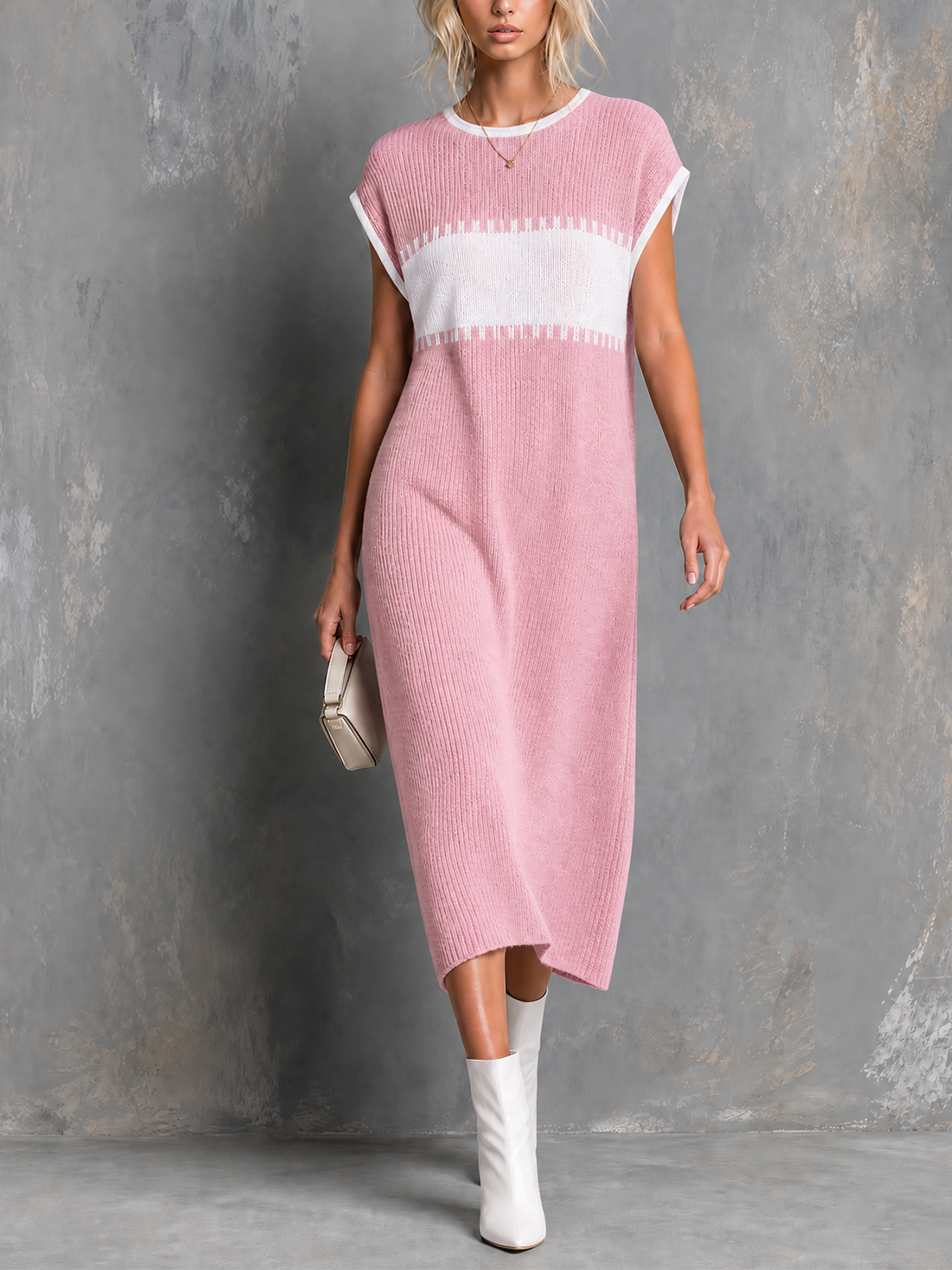 ElevenOra Chic Elegant Dusty Pink-White Colorblock Round Neck Cap Sleeve Loose-Fit Knit Midi Dress