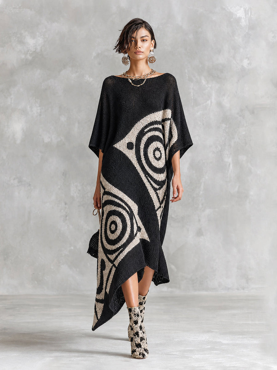 ElevenOra Chic Artistic Black-White Colorblock Boat Neck Batwing Half Sleeve Irregular Jacquard Asymmetrical Hem Loose-Fit Knit Maxi Dress
