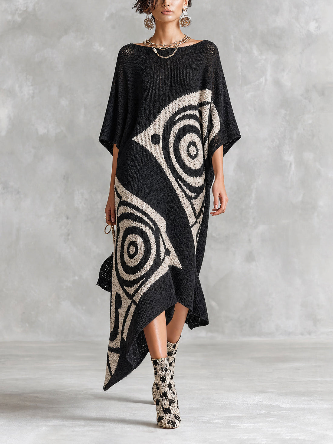 ElevenOra Chic Artistic Black-White Colorblock Boat Neck Batwing Half Sleeve Irregular Jacquard Asymmetrical Hem Loose-Fit Knit Maxi Dress