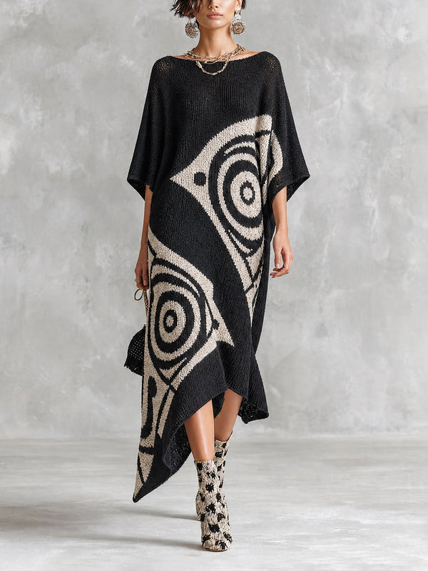 ElevenOra Chic Artistic Black-White Colorblock Boat Neck Batwing Half Sleeve Irregular Jacquard Asymmetrical Hem Loose-Fit Knit Maxi Dress
