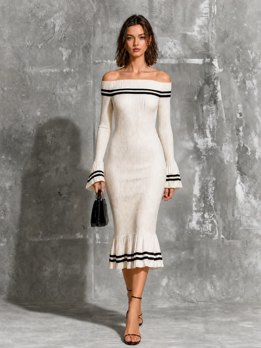 ElevenOra Chic Elegant White Off-The-Shoulder Contrast Trim Flare Long Sleeve Slim-Fit Mermaid Knit Midi Dress