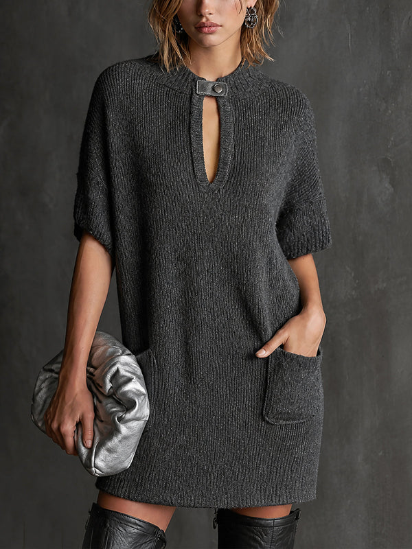 ElevenOra Chic Dark Gray-Silver Marled Turtleneck Leather Buckle Pockets Detail Half Sleeve Loose-Fit Mini Knit Dress