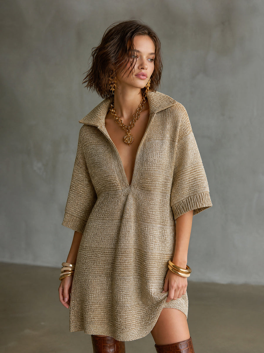 ElevenOra Chic Casual Gold Lapel Collar V-Neck Three-Quarter Sleeve A-line Loose-Fit Knit Mini Dress