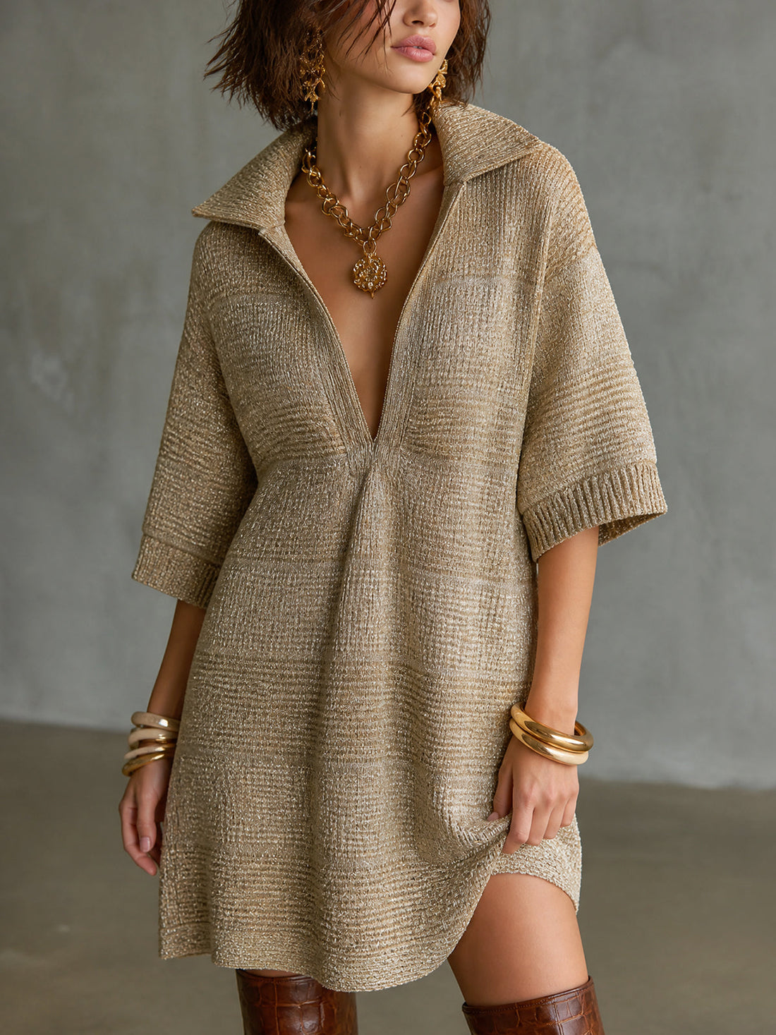 ElevenOra Chic Casual Gold Lapel Collar V-Neck Three-Quarter Sleeve A-line Loose-Fit Knit Mini Dress