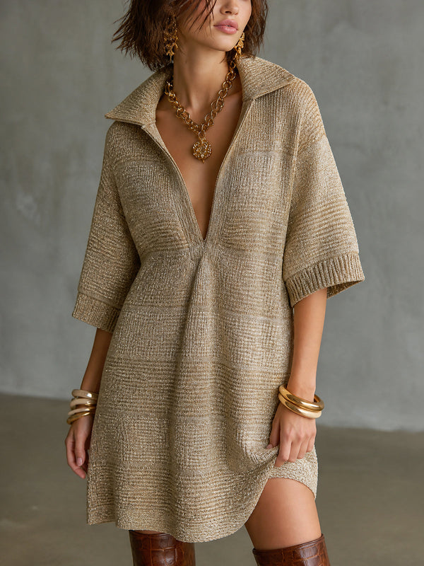ElevenOra Chic Casual Gold Lapel Collar V-Neck Three-Quarter Sleeve A-line Loose-Fit Knit Mini Dress