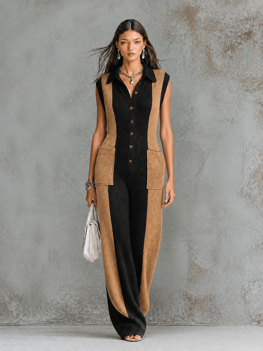ElevenOra Chic Elegant Black-Camel Colorblock Lapel Collar Button-Front Patch Pockets Sleeveless Loose-Fit Knit Jumpsuit