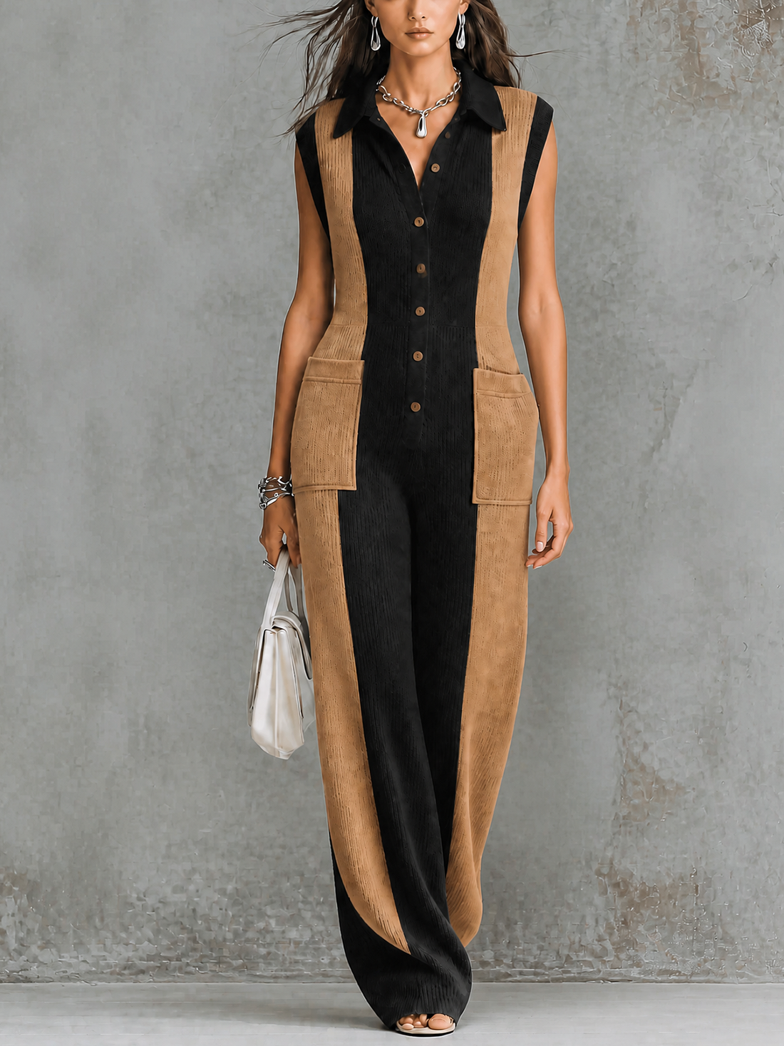 ElevenOra Chic Elegant Black-Camel Colorblock Lapel Collar Button-Front Patch Pockets Sleeveless Loose-Fit Knit Jumpsuit