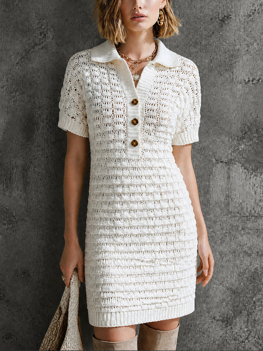 ElevenOra Chic White Lapel Collar Button Detail A-Line Short Sleeve Slim-Fit Hollow Knit Mini Dress