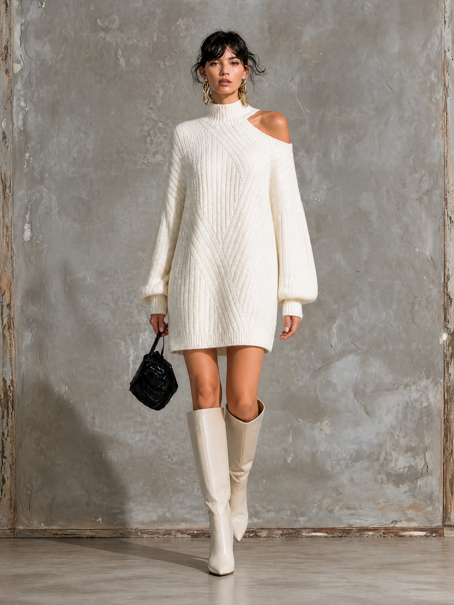 ElevenOra Chic Elegant White Turtleneck Cold Shoulder Long Sleeve Loose-Fit Knit Mini Dress