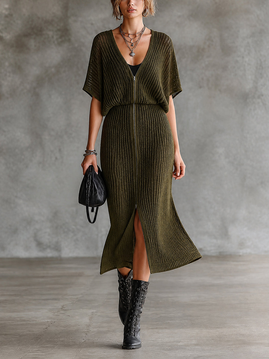 ElevenOra Chic Olive Green V-Neck Bawting Short Sleeve Double Zip A-Line Skirt Knit Midi Dress