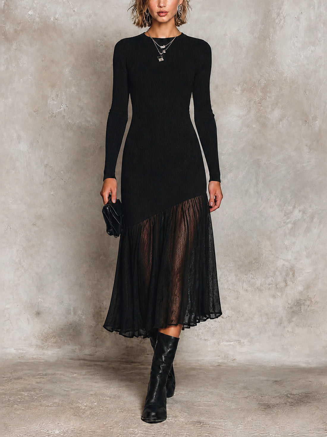 ElevenOra Chic Black Round Neck Long Sleeve Asymmetrical Splic Hem Pleated Skirt Slim-Fit Knit Midi Dress