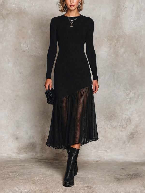 ElevenOra Chic Black Round Neck Long Sleeve Asymmetrical Splic Hem Pleated Skirt Slim-Fit Knit Midi Dress