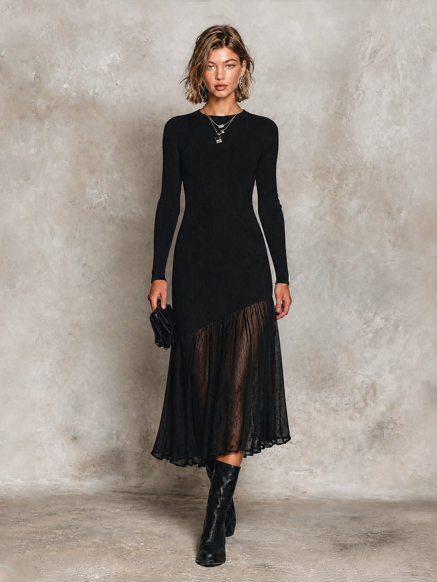 ElevenOra Chic Black Round Neck Long Sleeve Asymmetrical Splic Hem Pleated Skirt Slim-Fit Knit Midi Dress