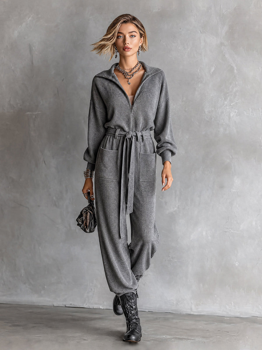ElevenOra Chic Casual Grey Half-Zip Lapel Collar Long Sleeve Self Tie Belt Pocket Detail Loose-Fit Rib Knit Jumpsui