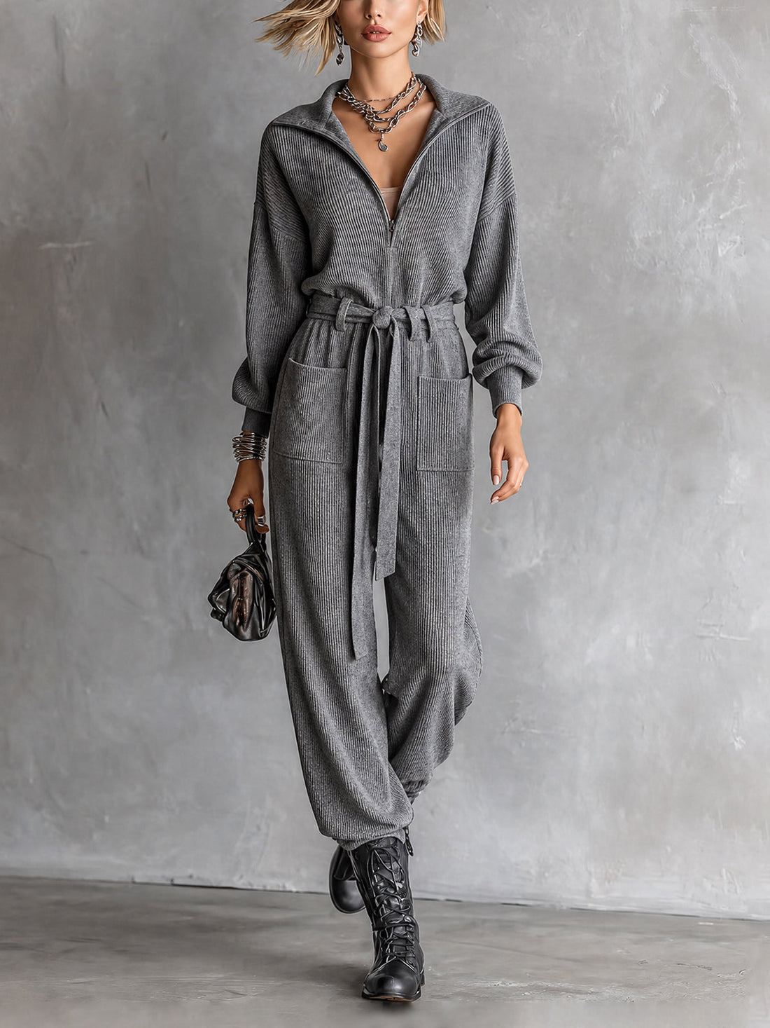 ElevenOra Chic Casual Grey Half-Zip Lapel Collar Long Sleeve Self Tie Belt Pocket Detail Loose-Fit Rib Knit Jumpsui