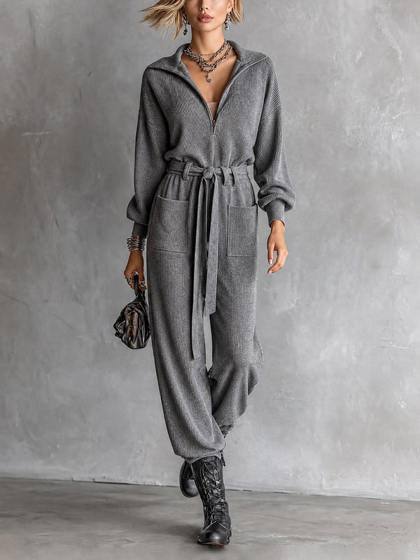 ElevenOra Chic Casual Grey Half-Zip Lapel Collar Long Sleeve Self Tie Belt Pocket Detail Loose-Fit Rib Knit Jumpsui