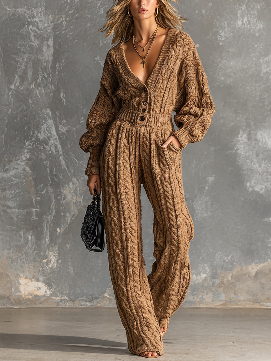 ElevenOra Chic Elegant Camel V Neck Button Front Long Sleeve Elastic-Waist Loose-Fit Cable Knit Jumpsuit