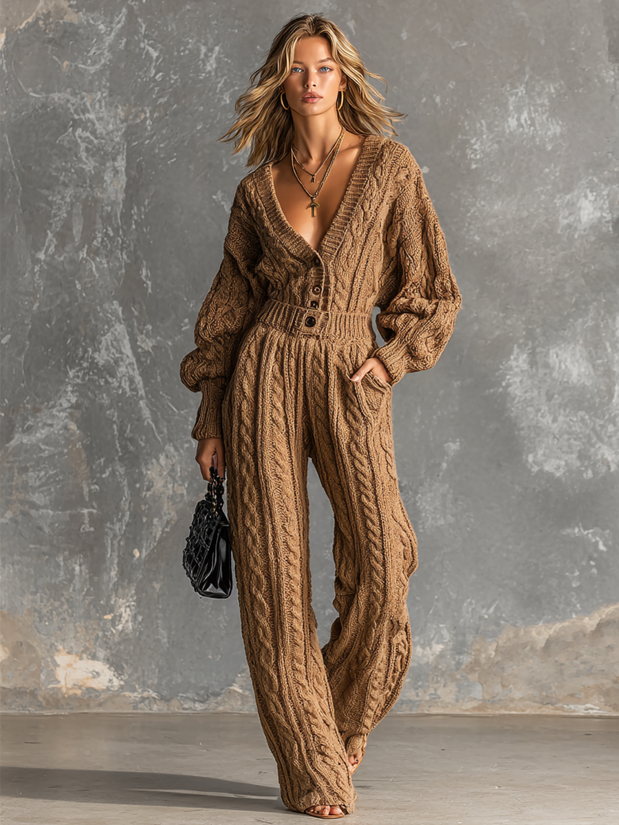 ElevenOra Chic Elegant Camel V Neck Button Front Long Sleeve Elastic-Waist Loose-Fit Cable Knit Jumpsuit