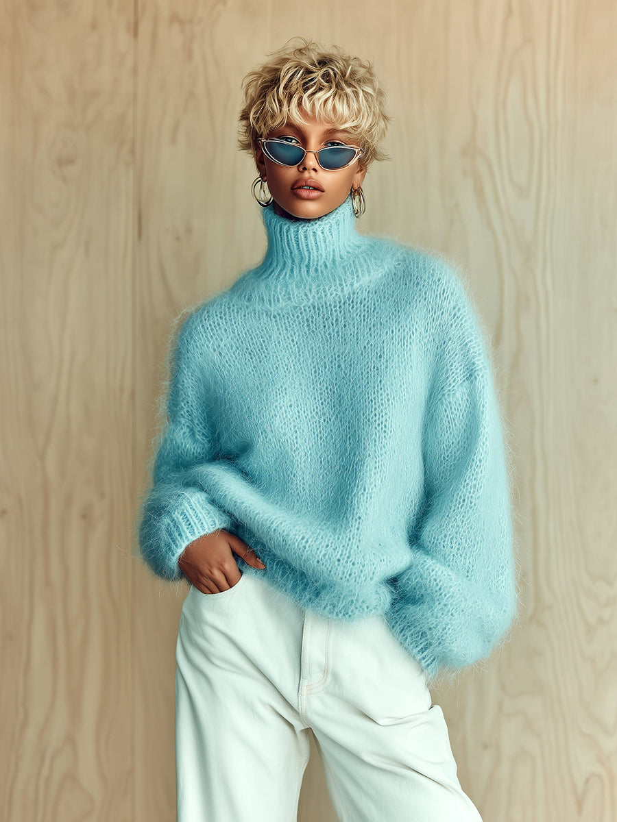 ElevenOra Chic Vintage Baby Blue Turtleneck Textured Knit Fuzzy Slouchy Sweater