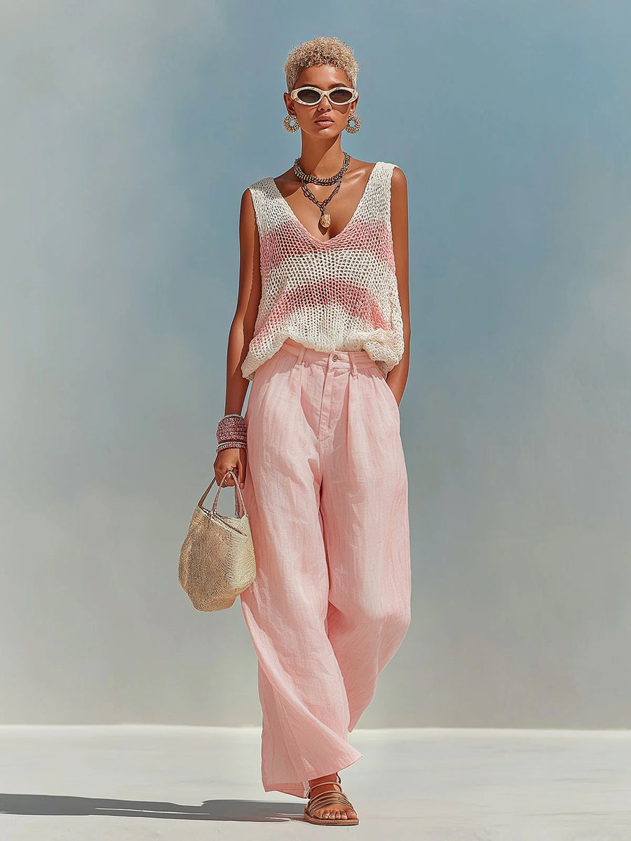 ElevenOra Chic Elegant Pink-White Stripes V-Neck Sleeveless Loose-Fit Knit Tank Top Pink Satin Pants Two-Piece Set