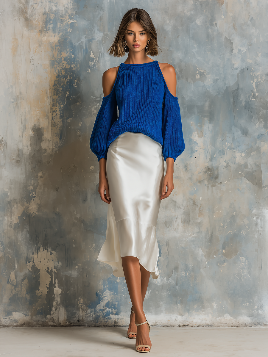 ElevenOra Chic Elegant Royal Blue Halter Crew-Neck Cold-Shoulder Balloon Sleeves Loose-Fit Knit Sweater White Satin Fabric Midi Skirt Two-Piece Set
