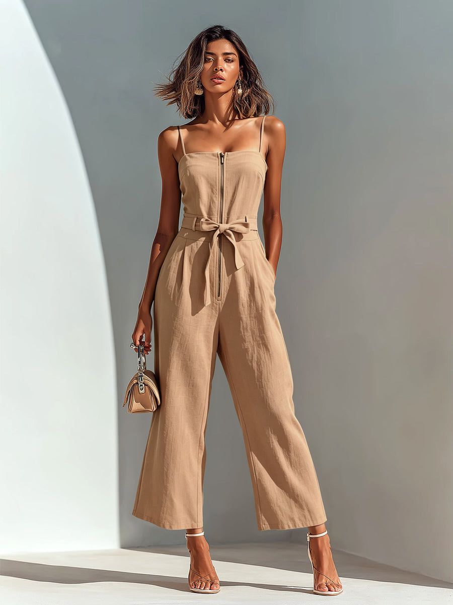 ElevenOra Chic Casual Camel Cotton-Linen Blend Strappy Sleeveless Zipper-Front Tie-Waist Wide-Leg Cropped Jumpsuit