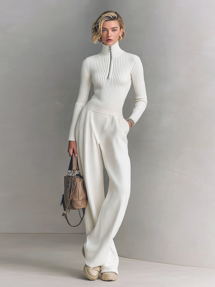 ElevenOra Chic Elegant Zip-up Mock Neck Slim-Fit Sweater Elastic Waist Wide-Leg Pants Knit Two-Piece Set
