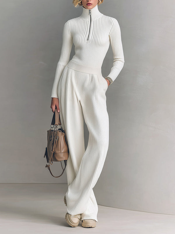 ElevenOra Chic Elegant Zip-up Mock Neck Slim-Fit Sweater Elastic Waist Wide-Leg Pants Knit Two-Piece Set