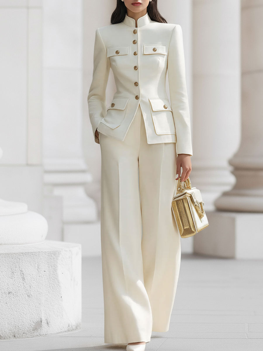 Christina - Elegant Cream Tailored Suit Set with Golden Accents