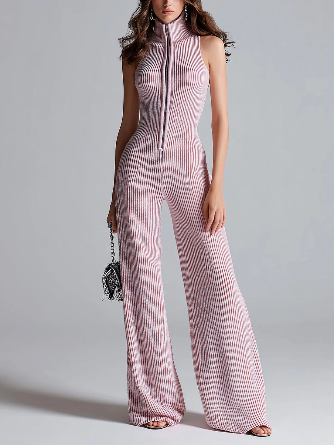ElevenOra Chic Elegant Pink Stand Collar Sleeveless Zipper-Front Tailored Waist Wide Leg Ribbed Knit Jumpsuit