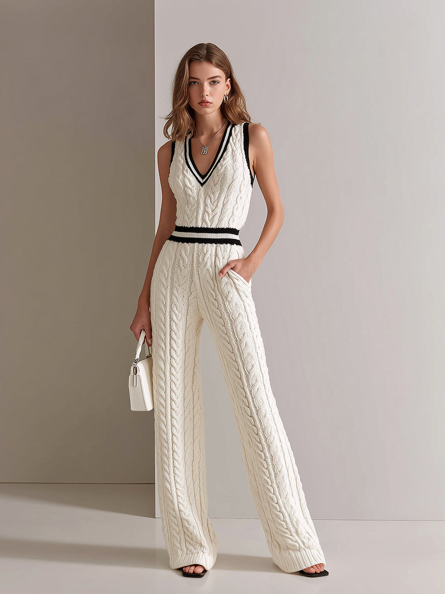 ElevenOra Chic Elegant Cream White V-Neck Sleeveless Contrast Trim Detail Elastic-Waist Loose-Fit Cable Knit Jumpsuit