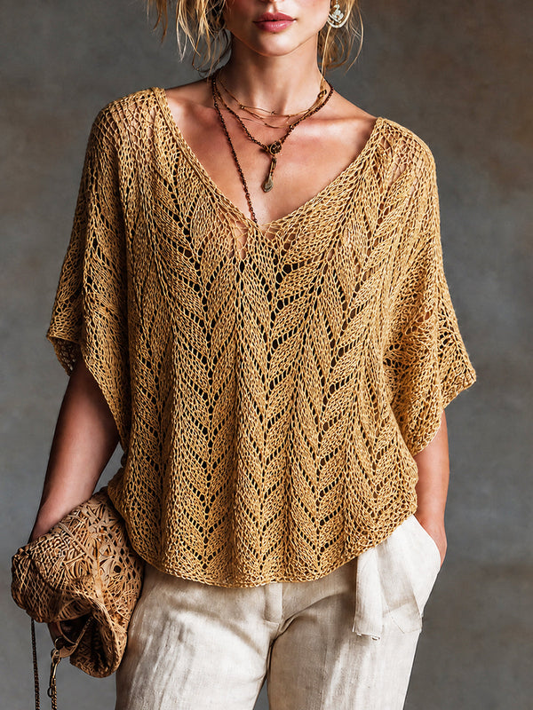 ElevenOra Chic Casual Mustard Yellow V-neck Short-sleeved Loose-Fit Knit Sweater