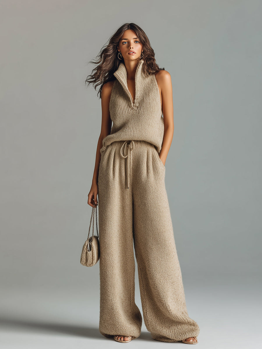 ElevenOra Chic Elegant Camel Stand Collar V-Neck Sleeveless Sweater  Wide-Leg Pants Ribbed Knit Two-Piece Set